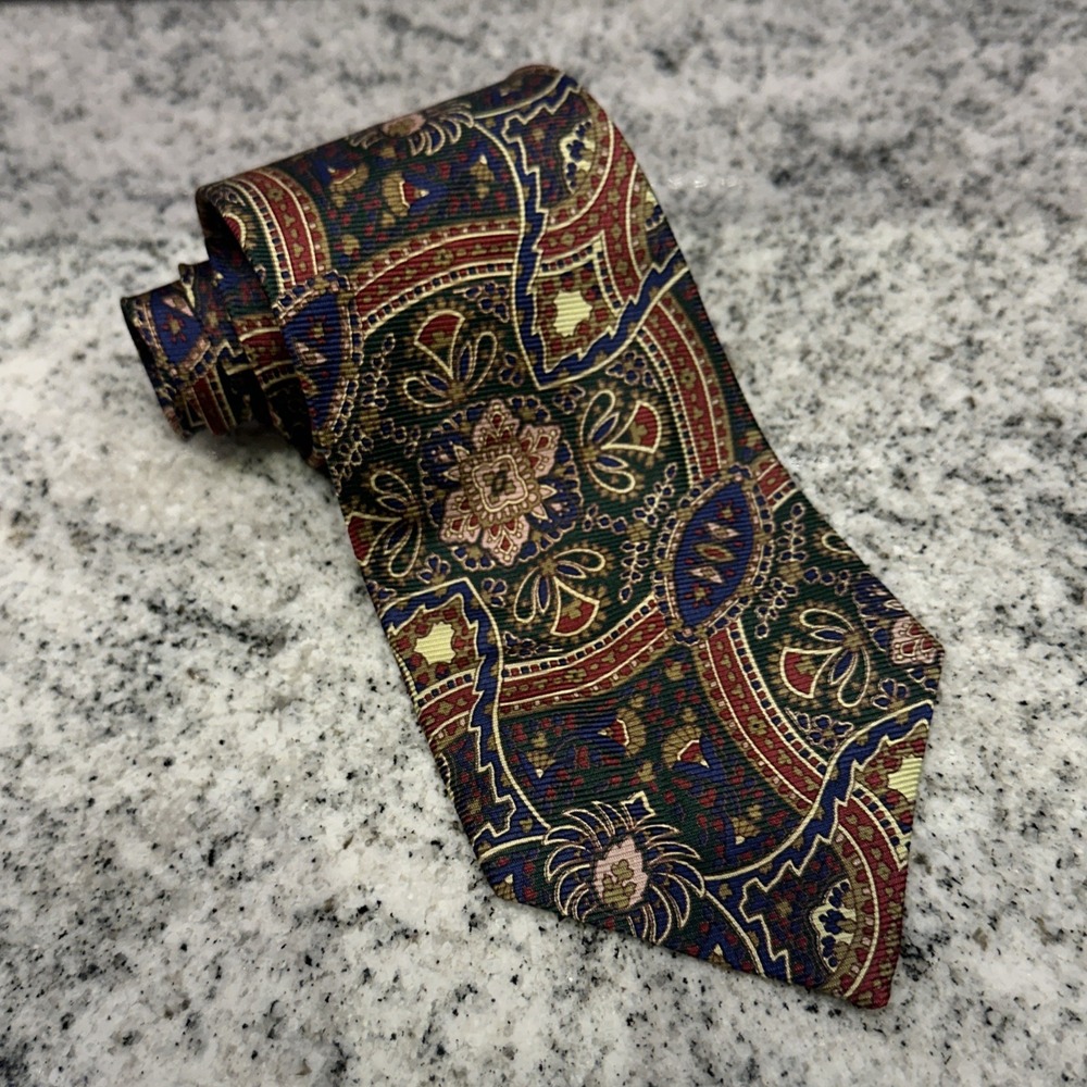 Vintage Polo Ralph Lauren Hand Made in‎ USA 100% Silk Tie Navy Burgundy Red Gold